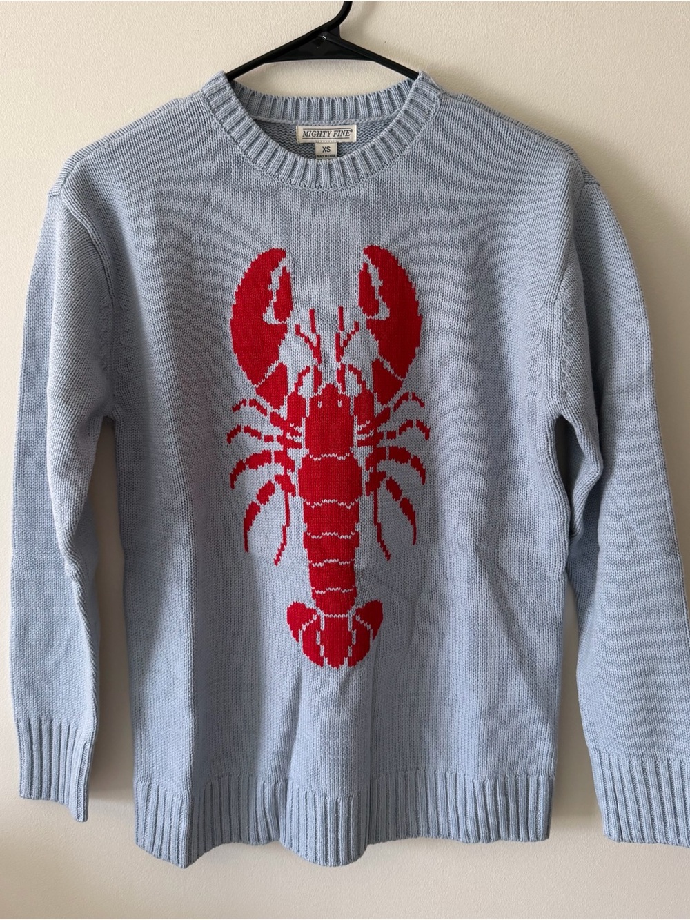 Mighty Fine Women's Light Blue Crewneck Sweater with Red Lobster